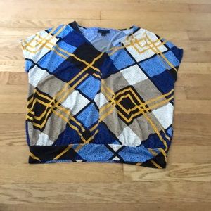 Worthington Womens Short Sleeve VNeck Geometric Blouse Blue and Yellow Medium